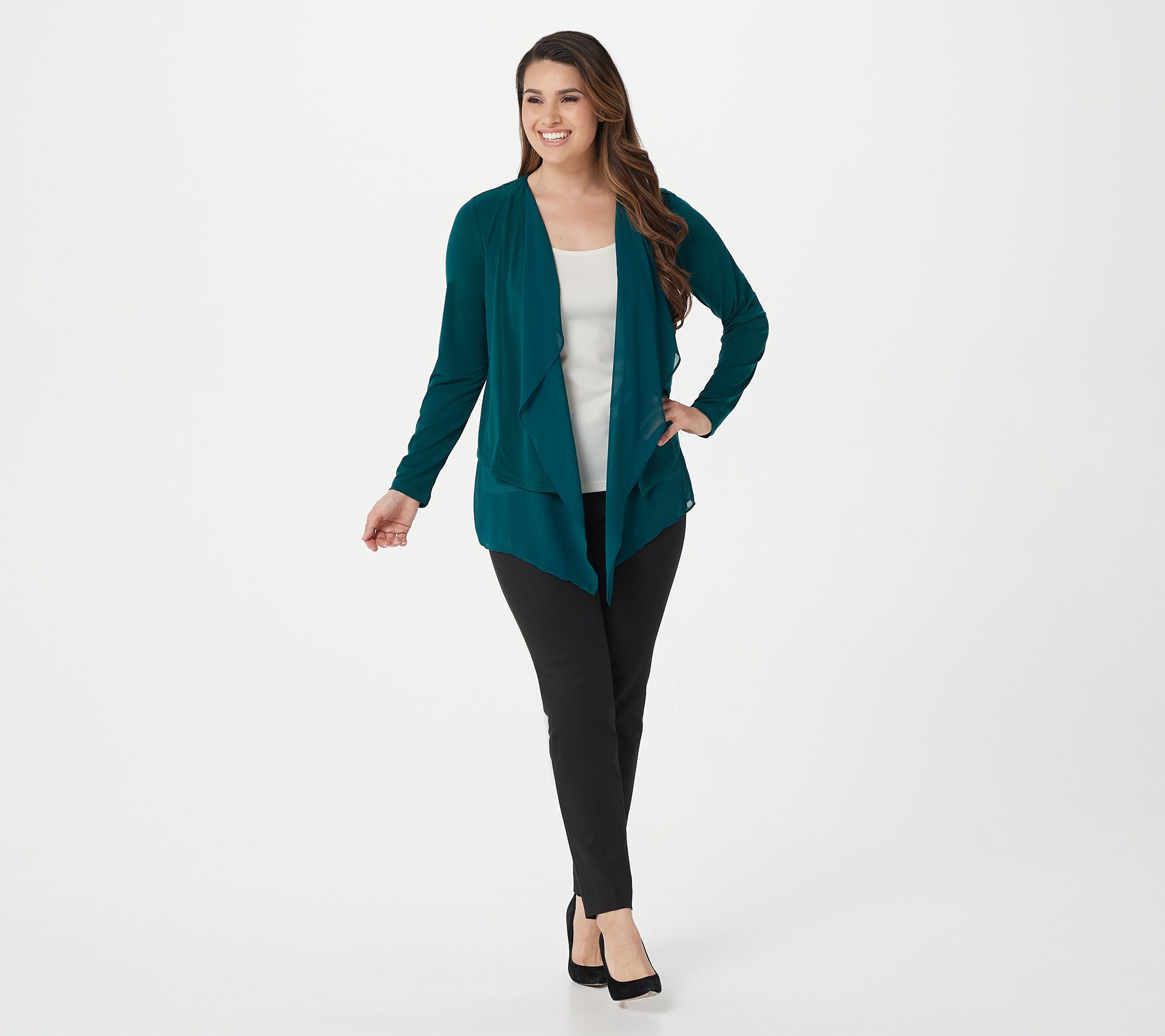 As Is Susan Graver Liquid Knit Open Front Cardigan With Chiffon Hem