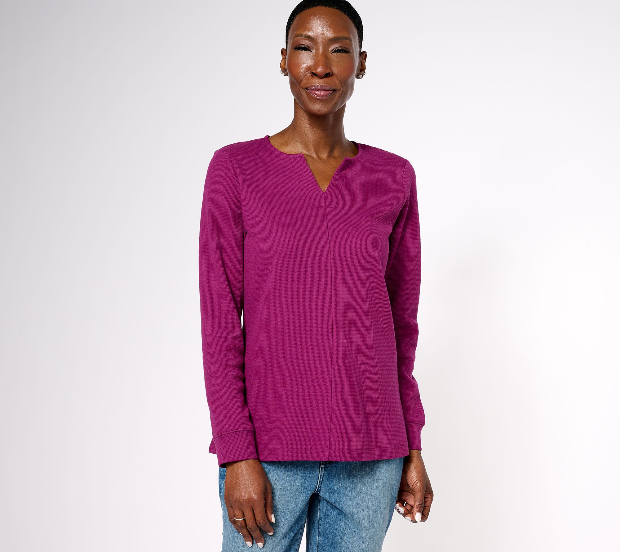 As Is Denim Co Essentials Waffle Knit Split Neck Long Sleeve Top