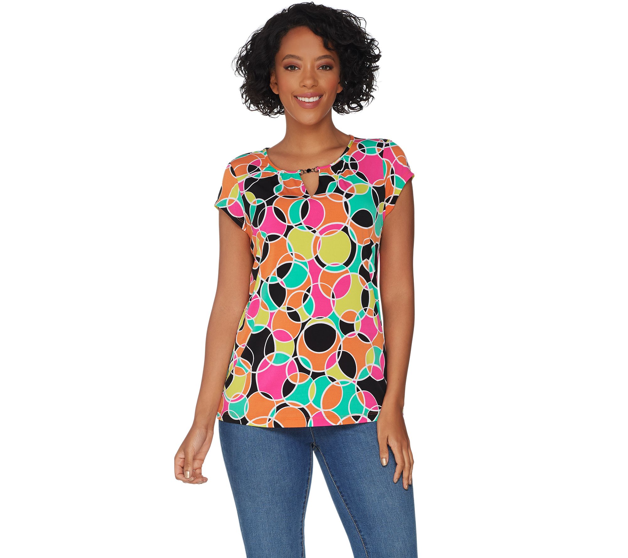 Susan Graver Printed Liquid Knit Top with Keyhole Trim - A303320