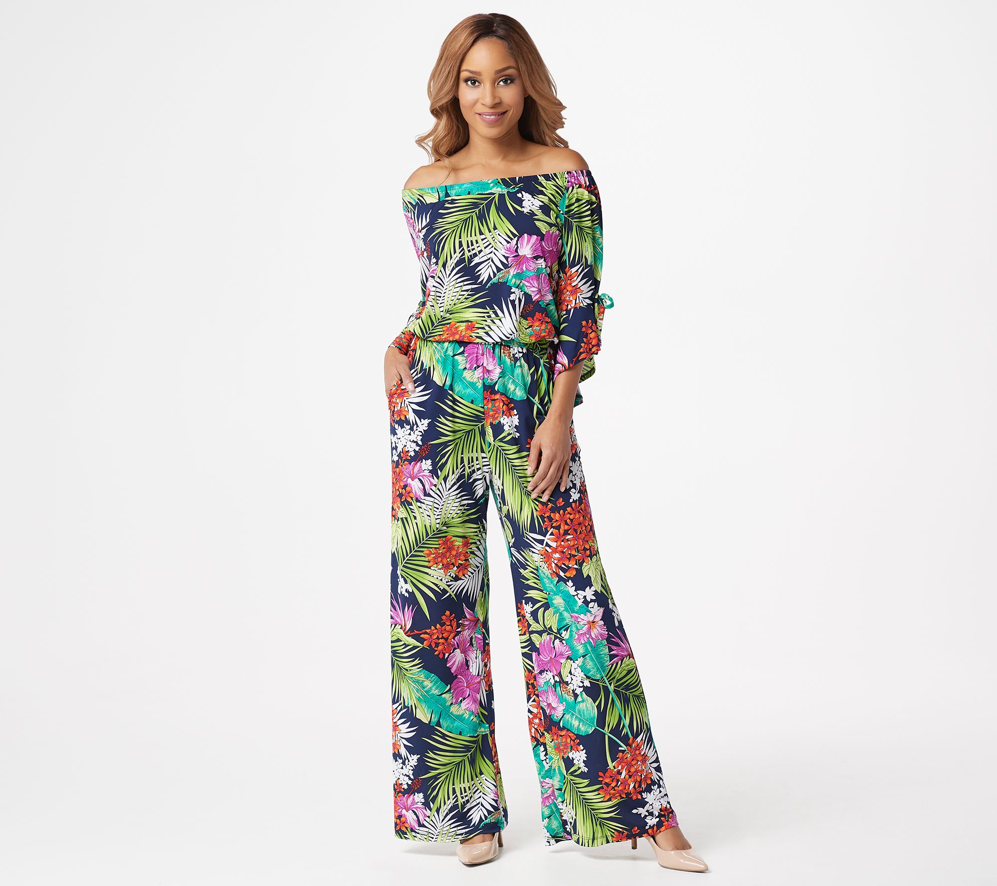 convertible wide leg jersey jumpsuit