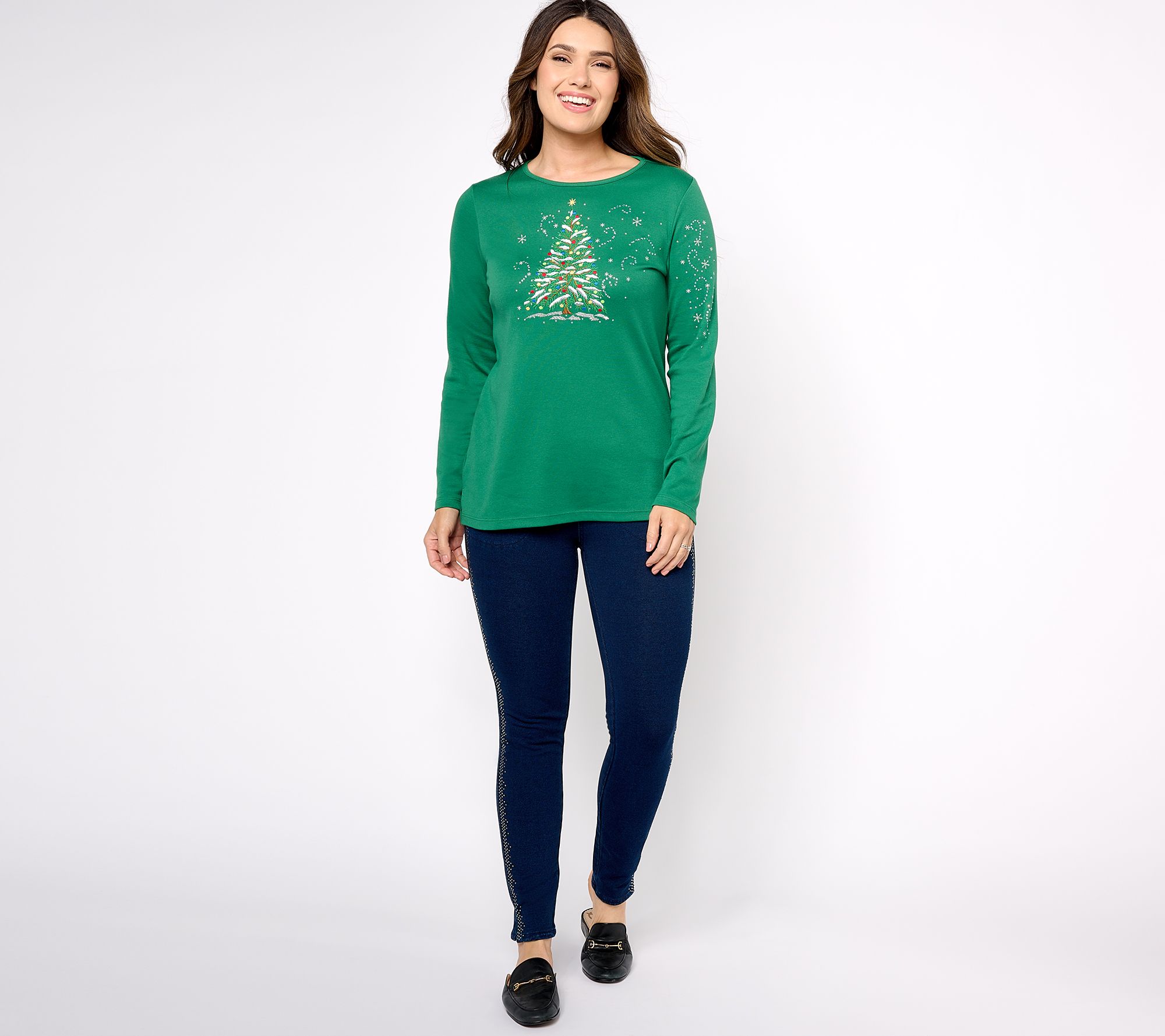 Quacker Factory White Christmas Long Sleeve Top Qvc