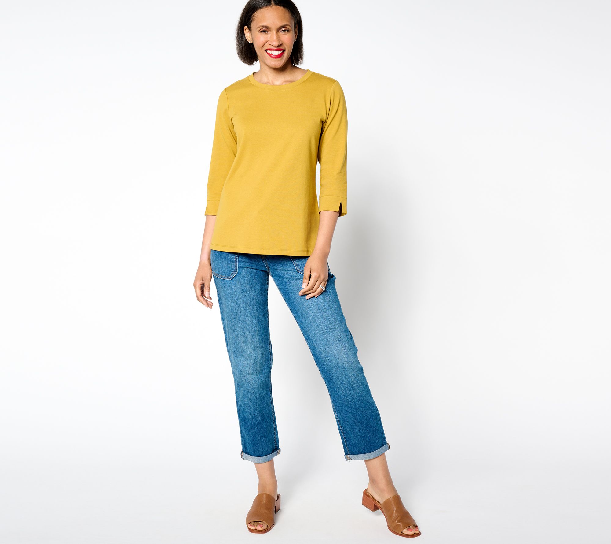 Denim Co Essentials Perfect Jersey Round Neck 3 4 Sleeve Top QVC