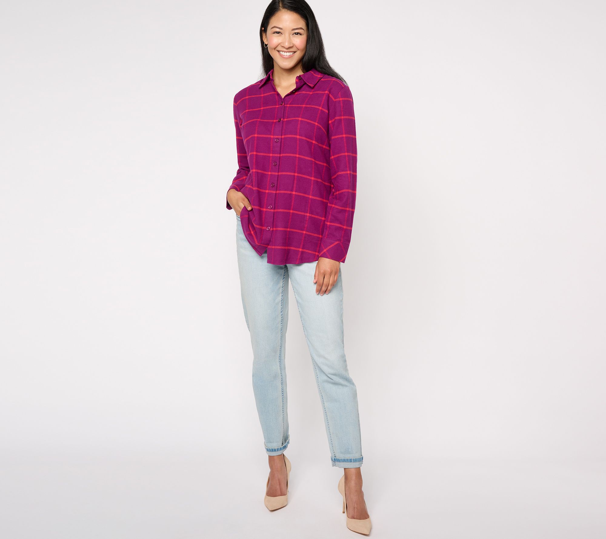 Joan Rivers Cotton Brushed Flannel Windowpane Boyfriend Shirt Qvc