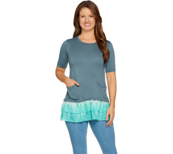 LOGO by Lori Goldstein Solid Top with Tie-Dye Woven Ruffle Hem - A288039