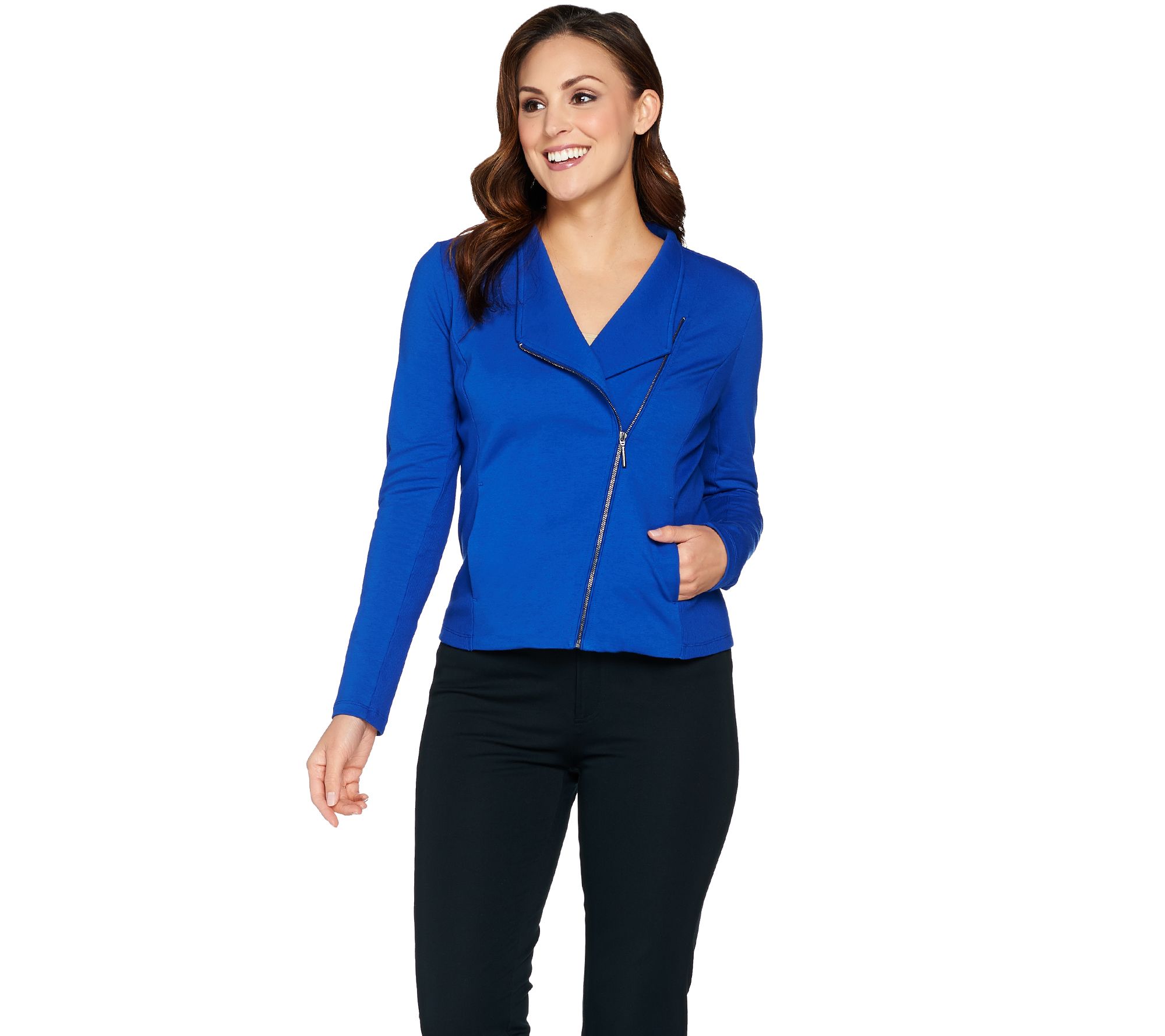 H by Halston French Terry Stand Collar Motorcycle Jacket - A287144