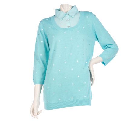 Quacker Factory Polka Dot Duet Sweater With Woven Collar Qvc