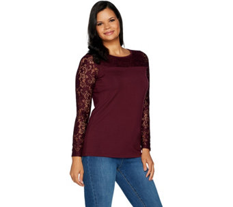 Belle by Kim Gravel Long Sleeve Knit Top with Lace Trim - A296549