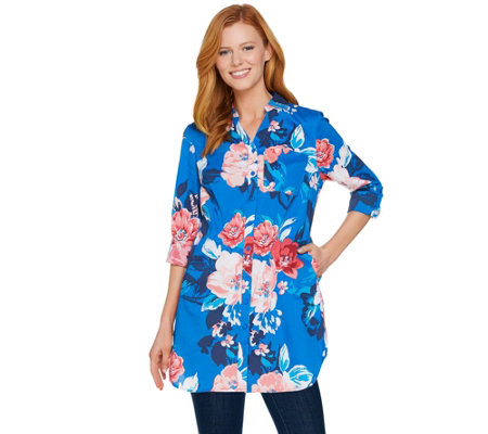 Denim & Co. Beach Floral Print Button Front Big Shirt