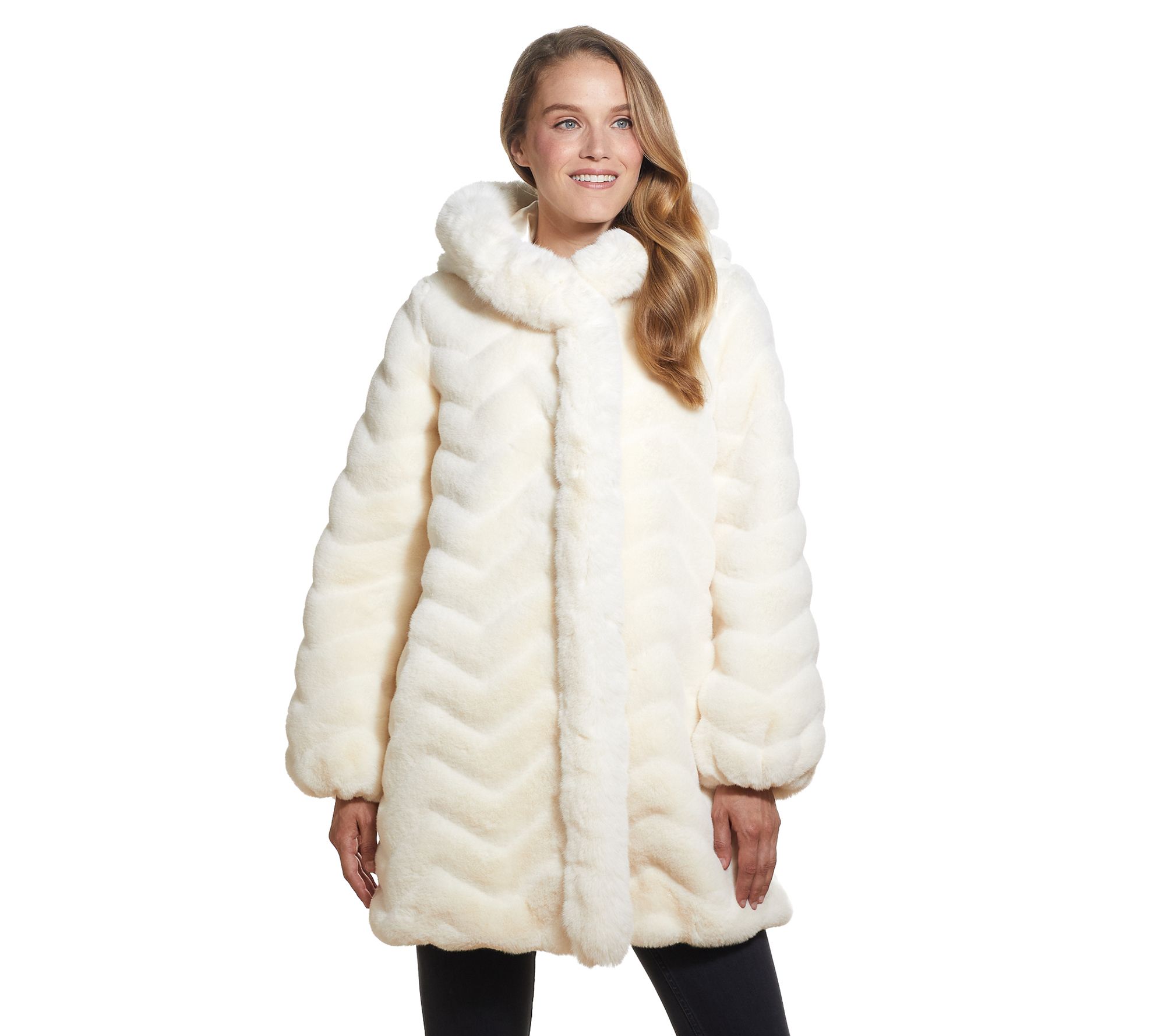 gallery hooded chevron faux fur coat