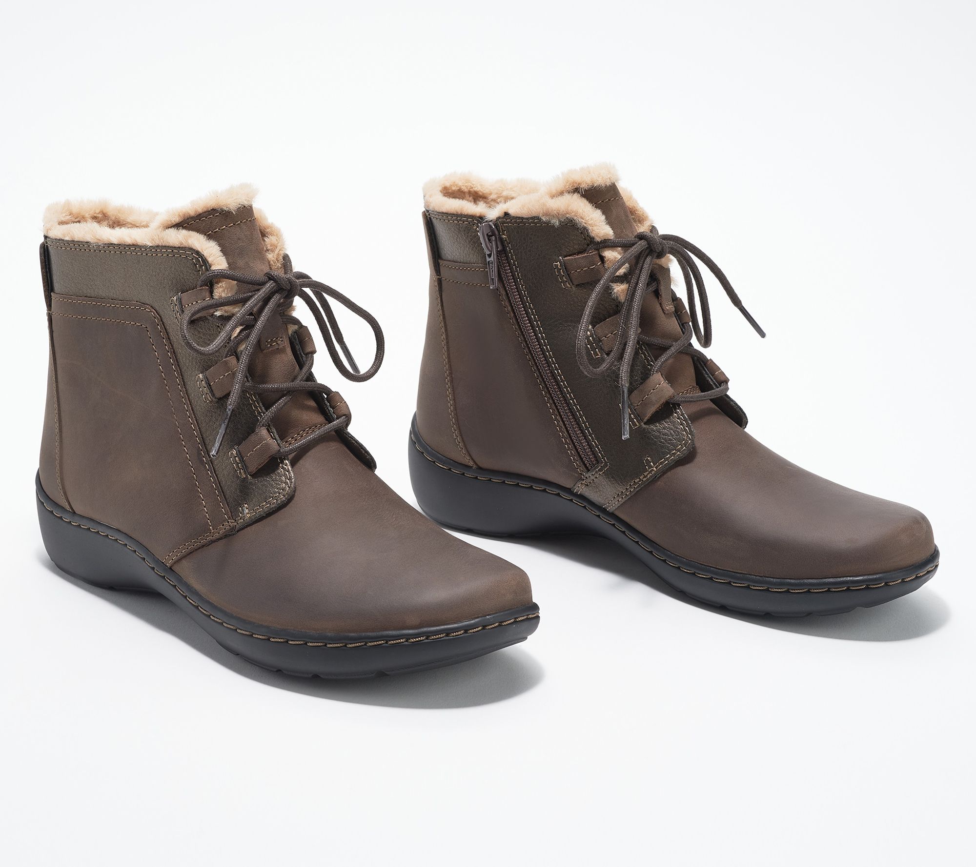 clarks leather water resistant ankle boots with faux fur
