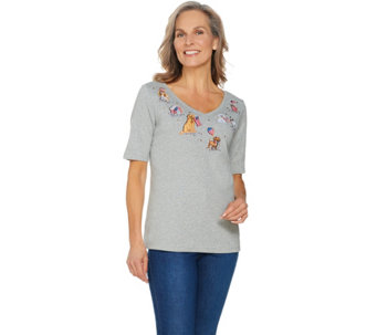 Quacker Factory American Dog Embroidered Elbow Sleeve Knit T-Shirt - A289667