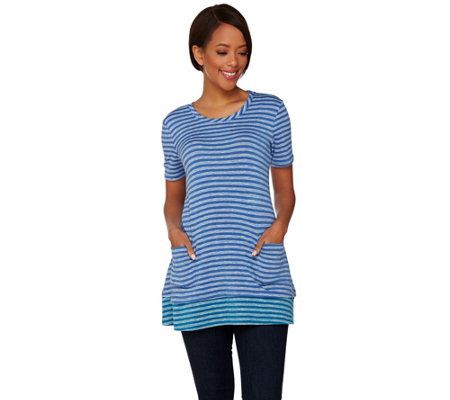 LOGO by Lori Goldstein Striped Knit Top with Contrast Trim