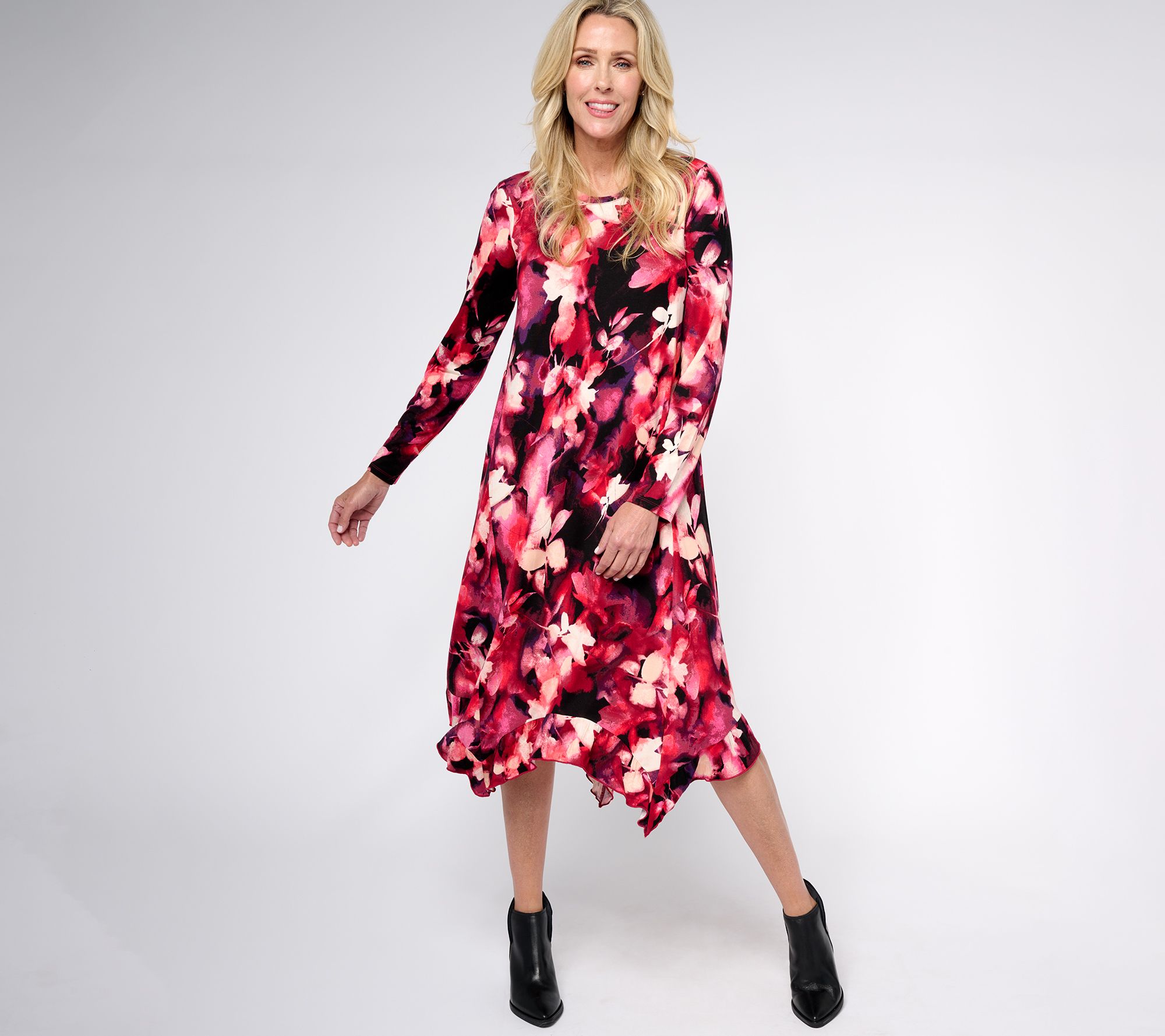 Logo By Lori Goldstein Printed Rayon Ruffle Hem Dress Qvc