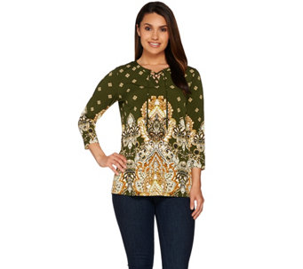 Susan Graver Printed Liquid Knit 3/4 Sleeve Tunic with Lacing Trim - A278873