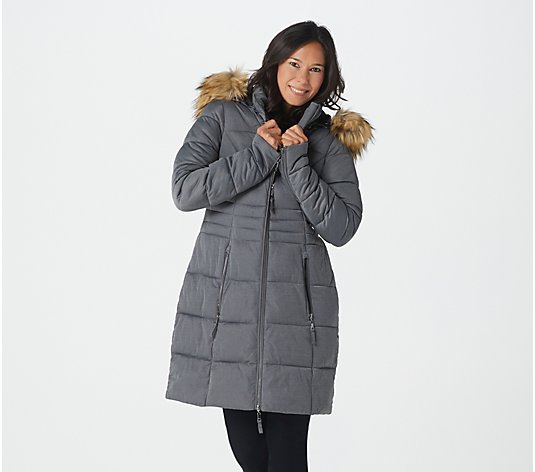 Tag M= US S, Gray Forthery Womens Long Puffer Jacket with Plush Lined Fur Trim Hood Down Coats