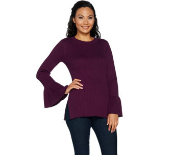 Du Jour Crew Neck Rib Knit Sweater with Bell Sleeves - A295382