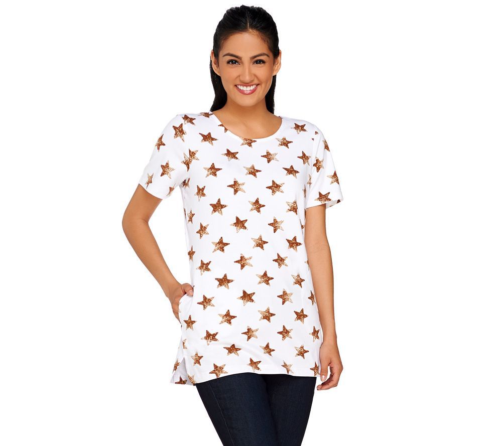 Denim & Co. Active Star Print Short Sleeve Tunic w/ Pocket - A265685