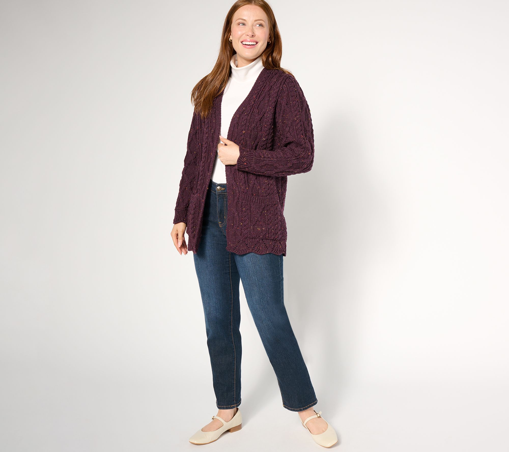 As Is Aran Craft Merino Wool Open Front Cardigan With Scalloped Trim