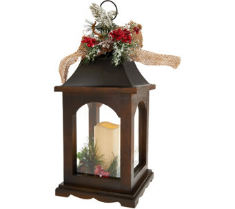 Plow & Hearth 17" Wooden Lantern with Flamess Candle & Burlap Bow - H212002
