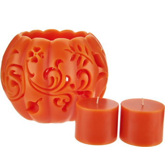 HomeWorx by Harry Slatkin Carved Wax Pumpkin with 2 Votive Candles - H211406