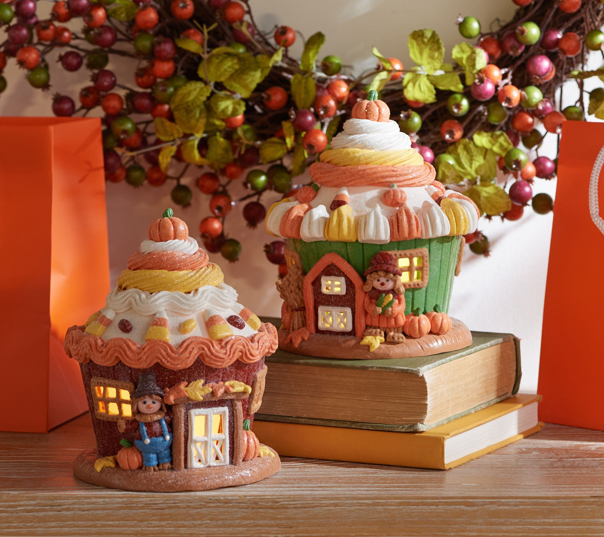 S Illuminated Harvest Cupcake Houses With Gift Bags By Valerie Qvc