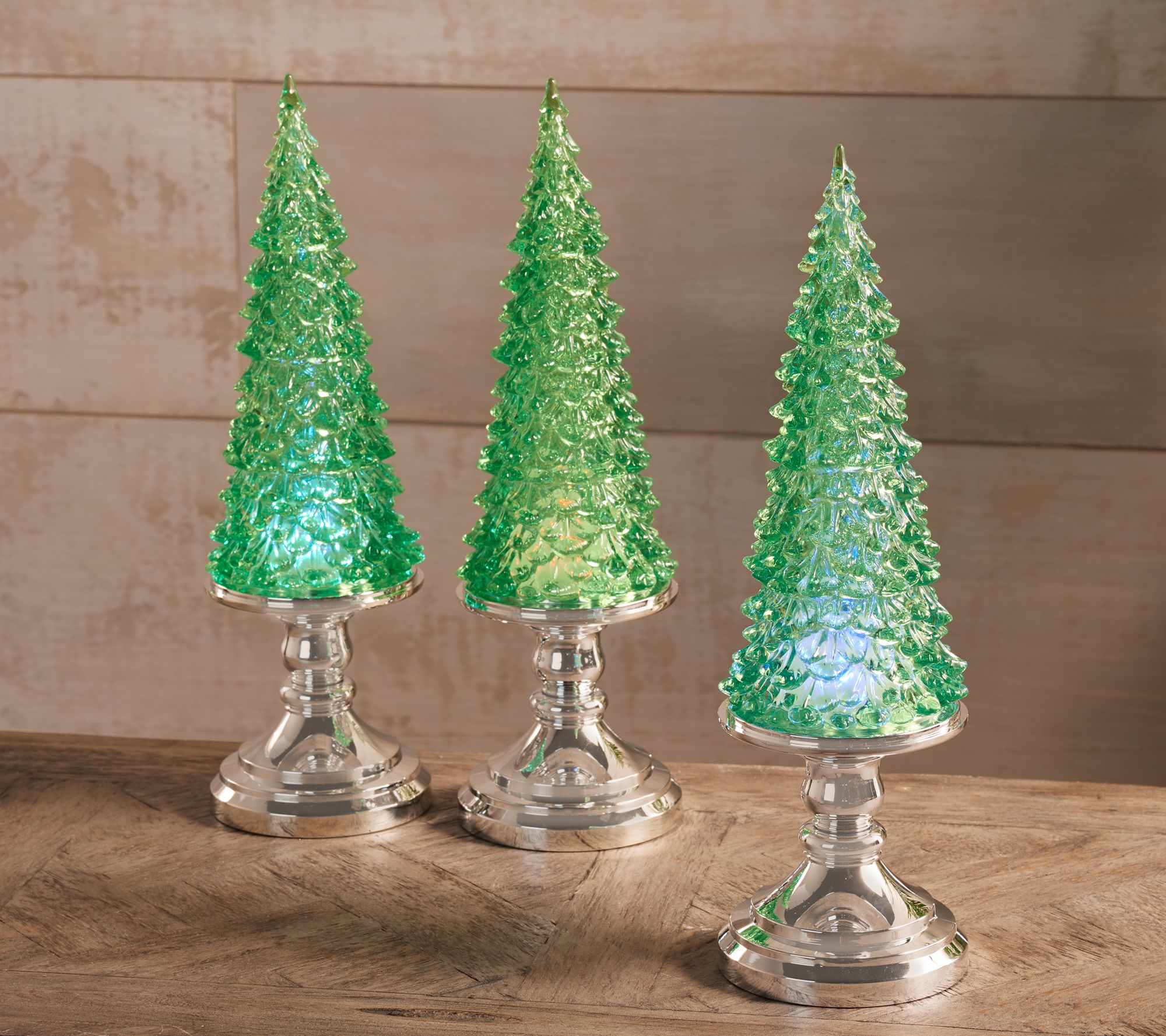 Set Of 3 Lit Glistening Trees With Silver Base By Valerie QVC