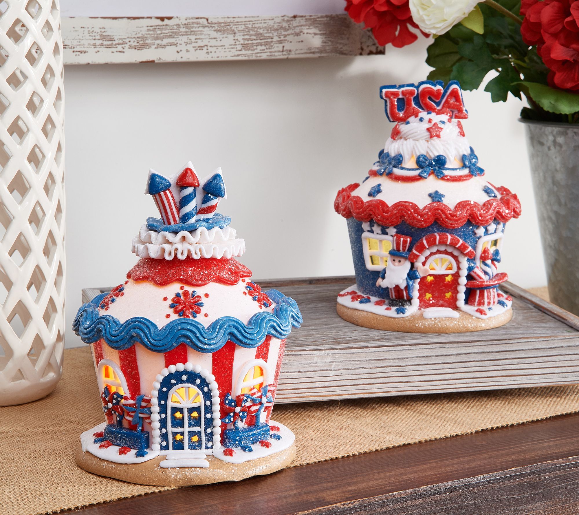 As Is 2 Piece Illuminated Patriotic Cupcake Houses By Valerie QVC