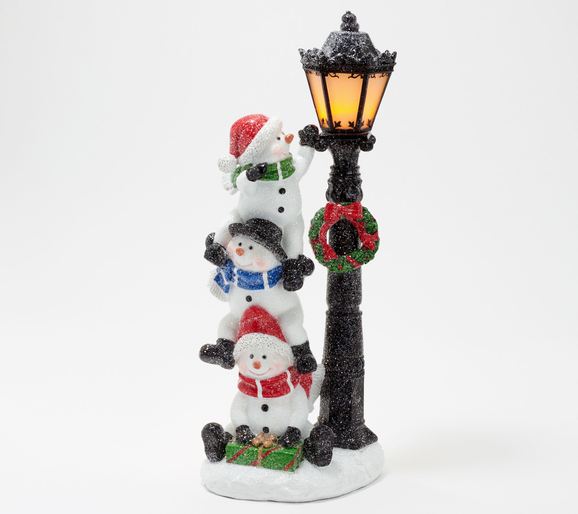 As Is Snowman Stack Figurine With Illuminated Lamp Post Qvc