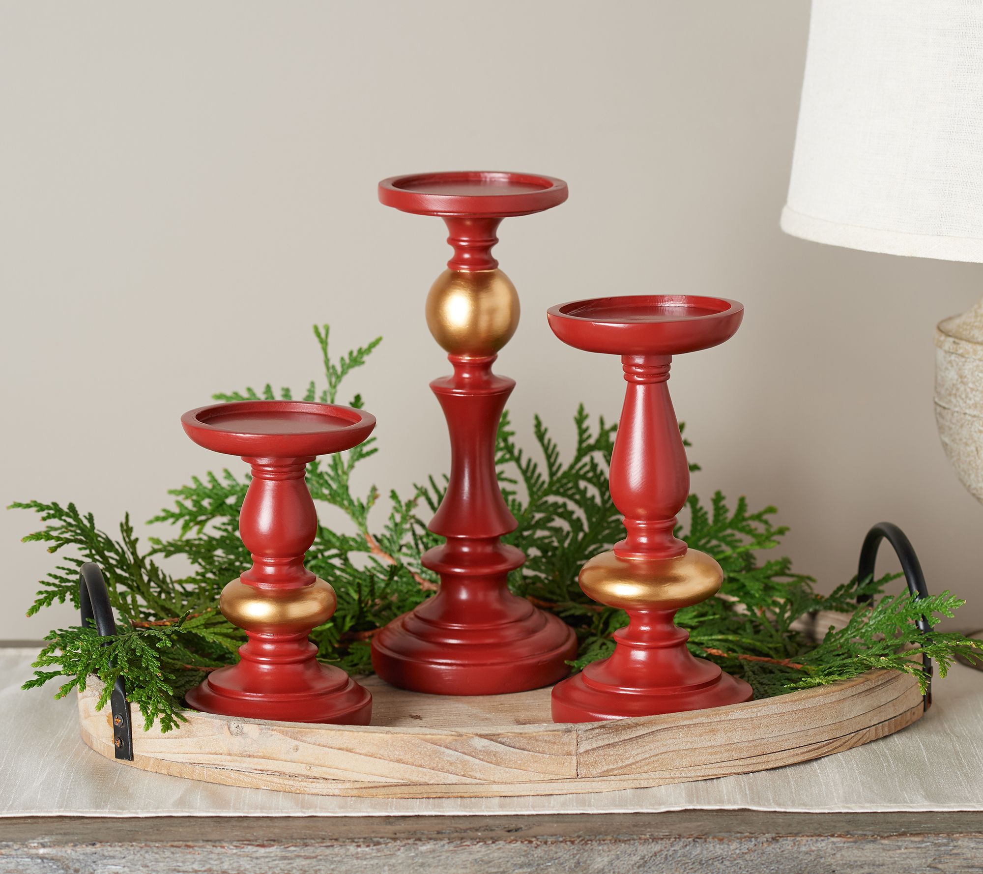 Set Of 3 Candle Holders With Pine And Ribbon Accent By Valerie QVC