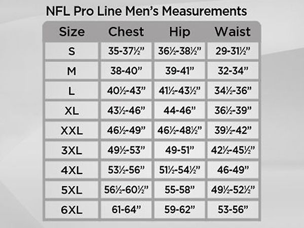 nfl pro line size chart