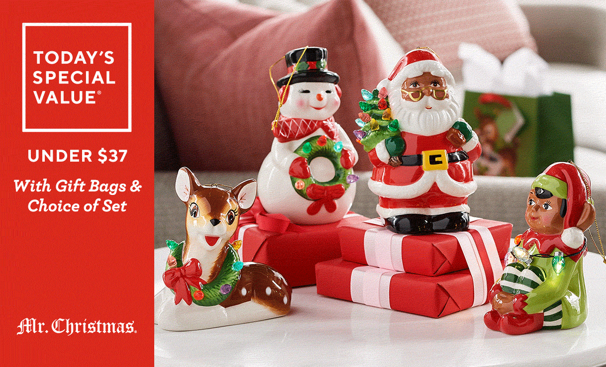 (QVC) Mr. Christmas Set of 4 Lit Nostalgic Holiday Figures with Gift