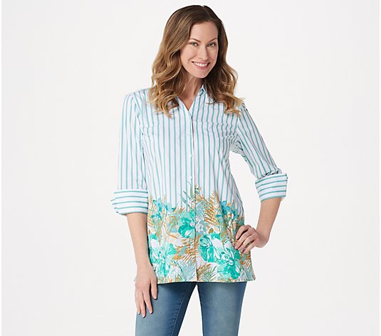 Denim & Co. 3/4-Sleeve Button Front Tunic with Border Print - QVC.com