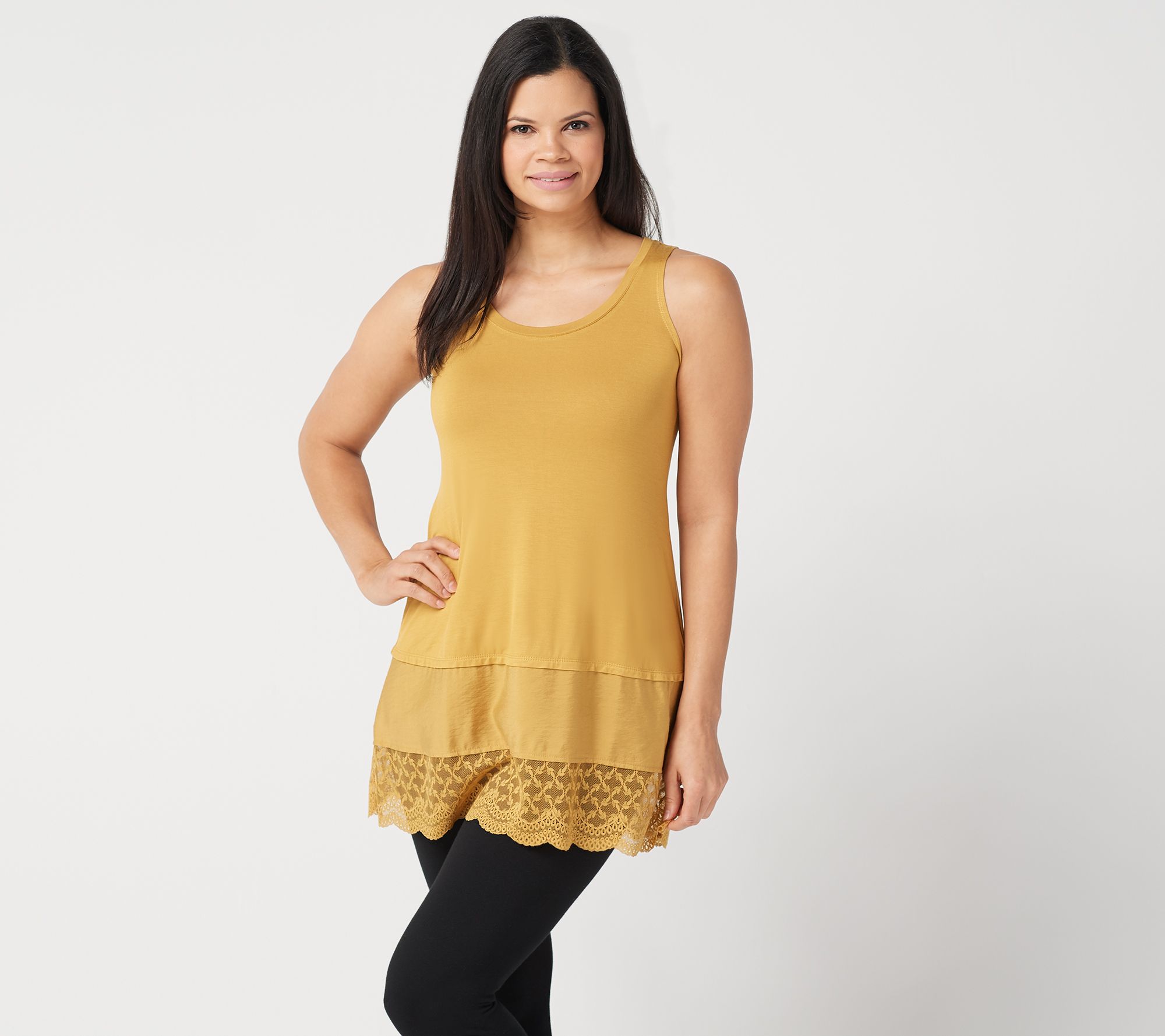 As Is Logo Layers By Lori Goldstein Solid Tank With Lace And Woven Trim