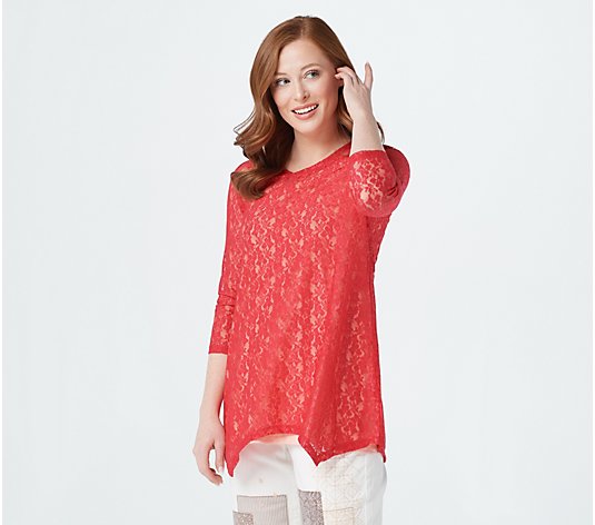 LOGO by Lori Goldstein Stretch Lace 3/4 Sleeve Top with Tank Set