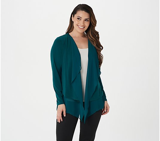 "As Is" Susan Graver Liquid Knit Open-Front Cardigan with Chiffon Hem