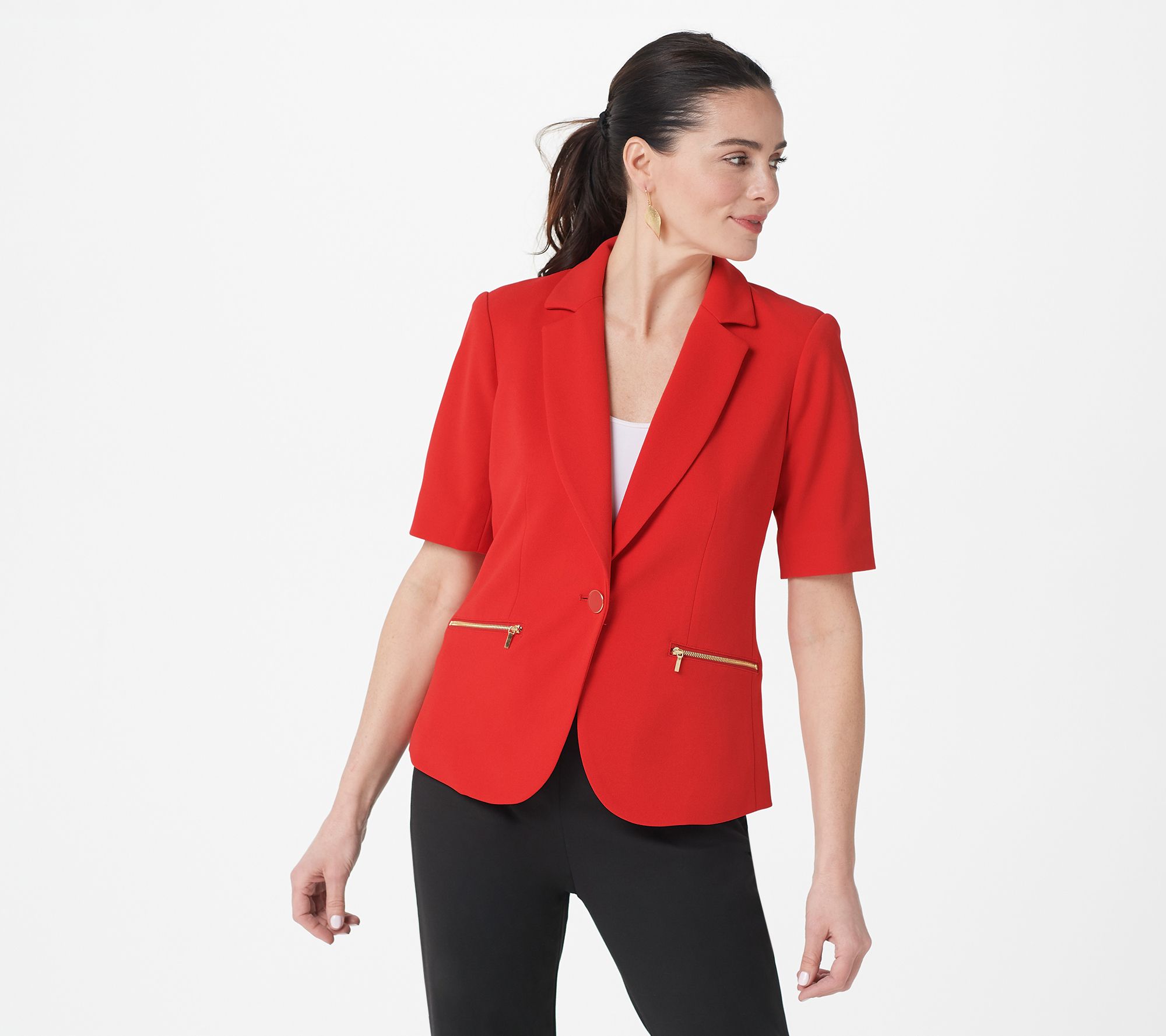 As Is" Dennis Basso Crepe Short- Sleeve Blazer with Zipper -
