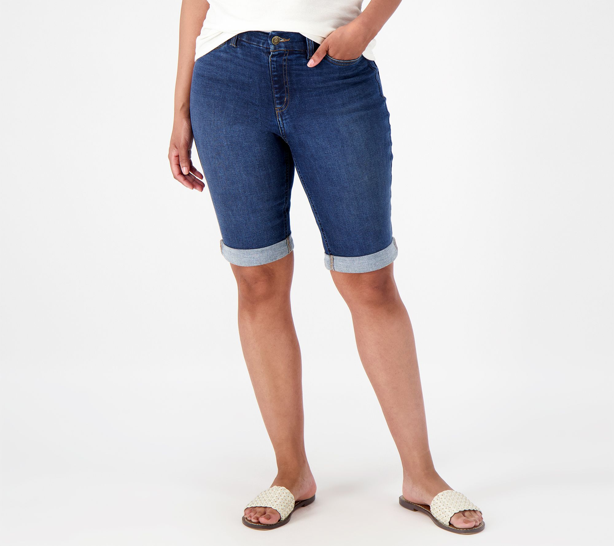 "As Is" Denim & Co. Petite Easy Stretch Denim Roll Hem Bermuda Short