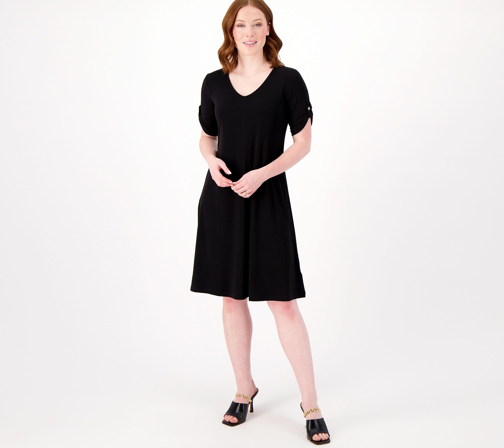"As Is" Susan Graver Every Day Pet Liquid Knit A-Line Roll Tab Dress