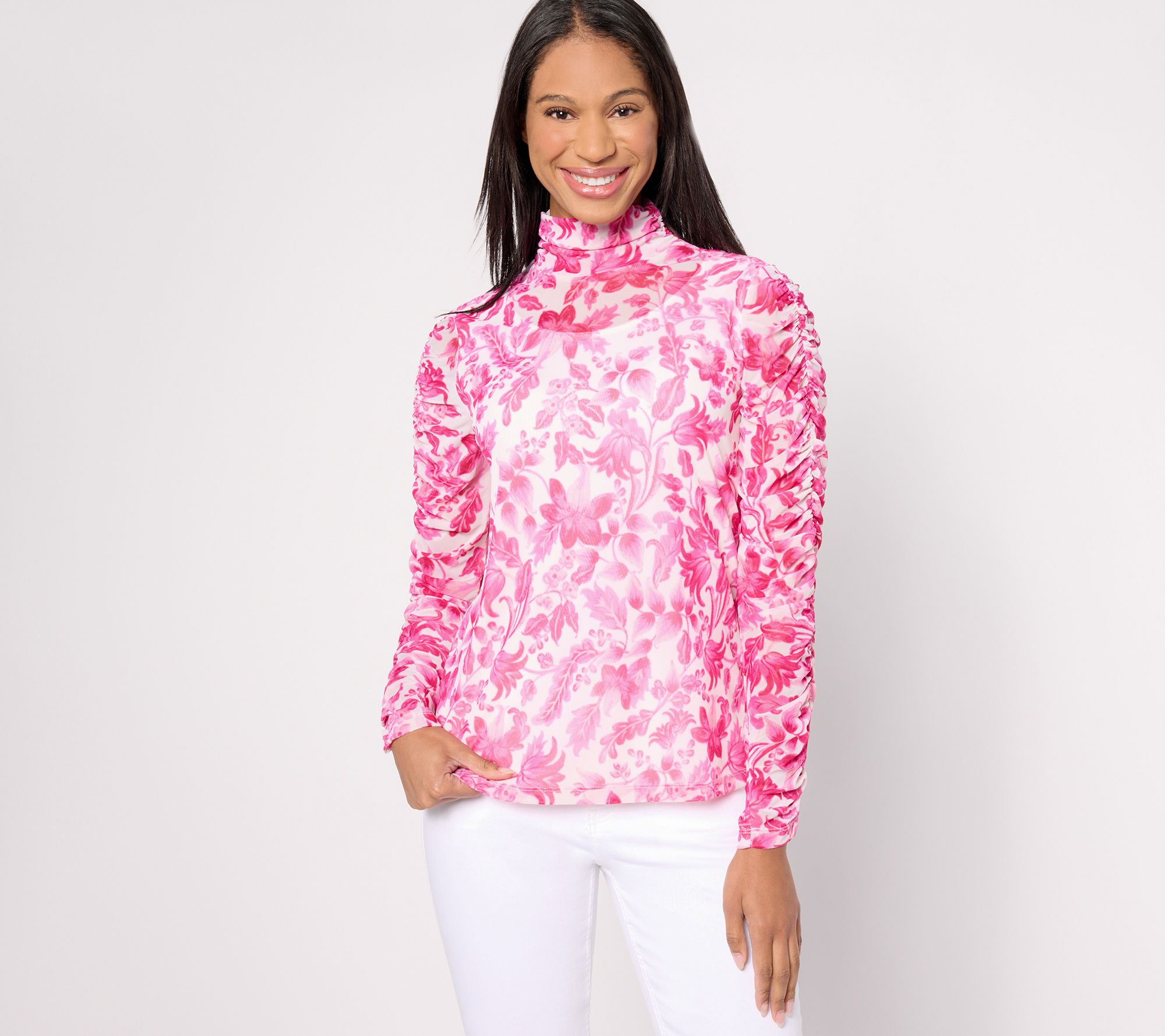 Susan Graver Printed Mesh Ruched Mock-Neck Long-Sleeve Top