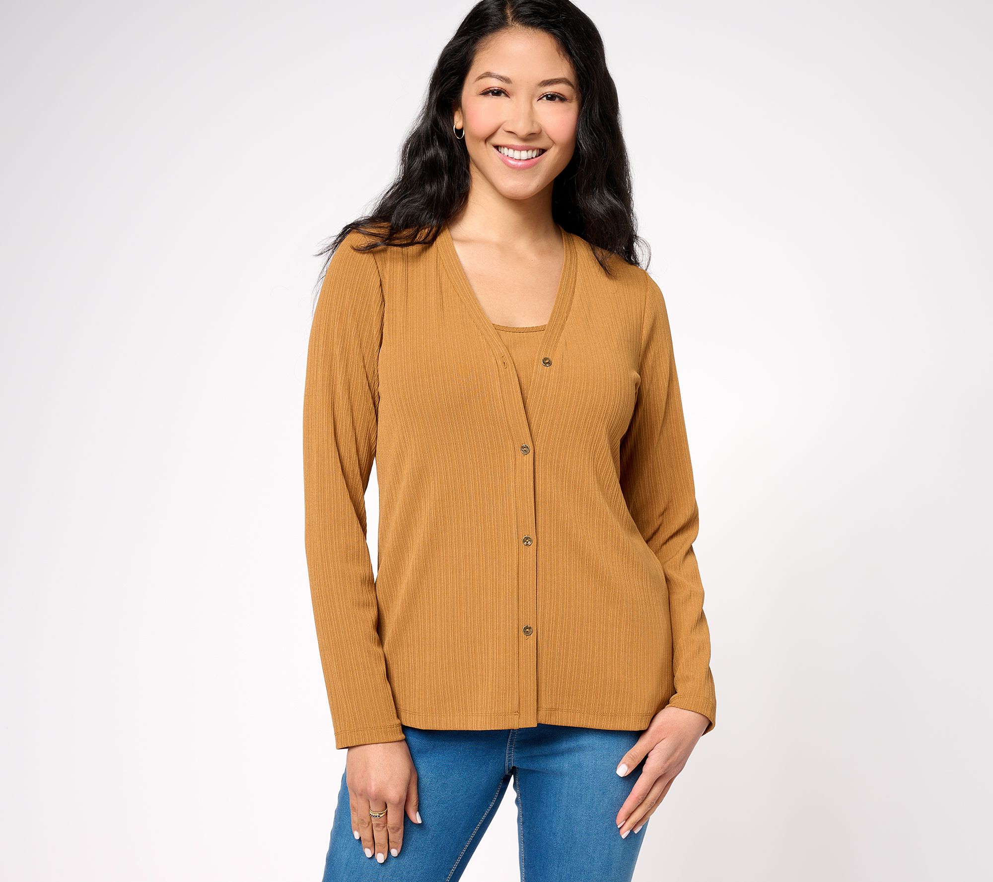 "As Is" Susan Graver Rib Knit Button-Front Cardigan and Tank Set