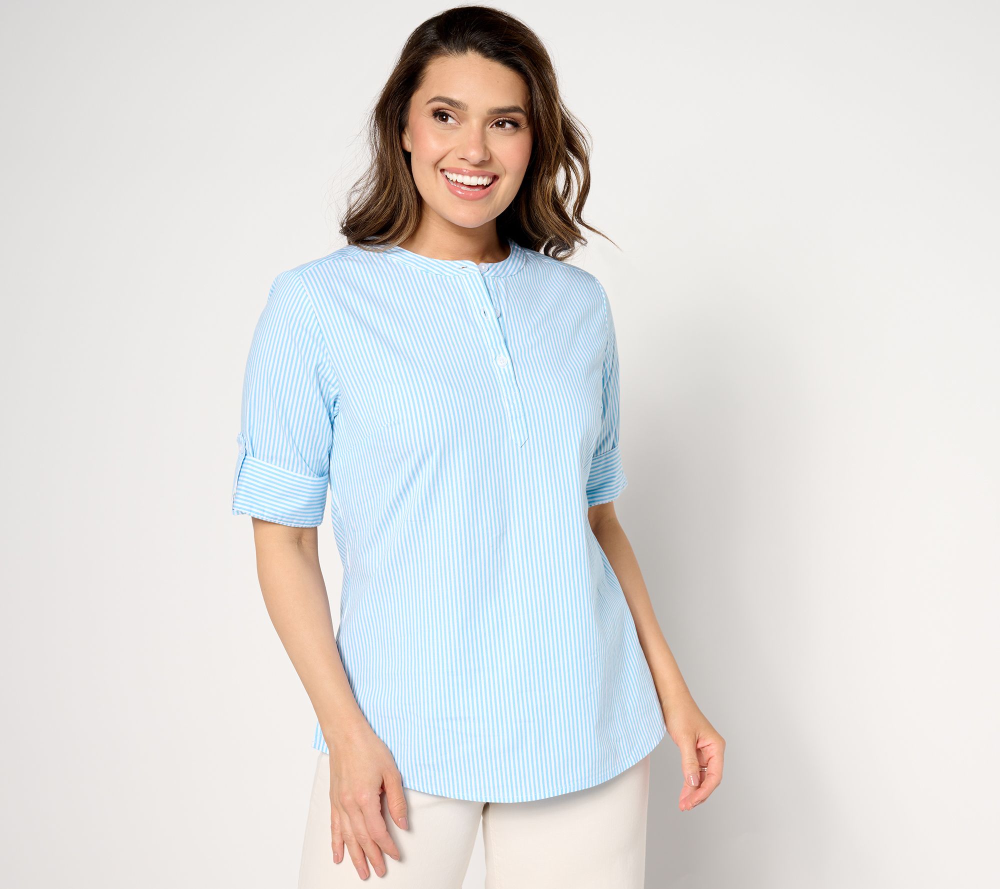 Denim & Co. Stretch Poplin Pullover Top with Roll-Tab Sleeve