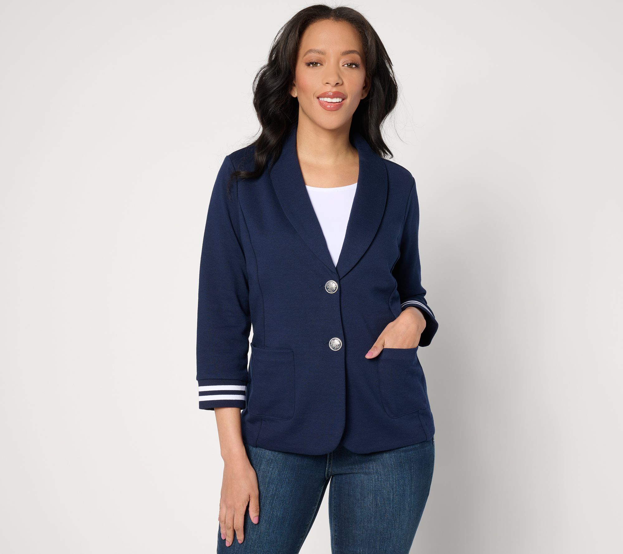 Susan Graver Weekend Marina Knit 3/4-Sleeve Blazer with Rib Knit Cuffs