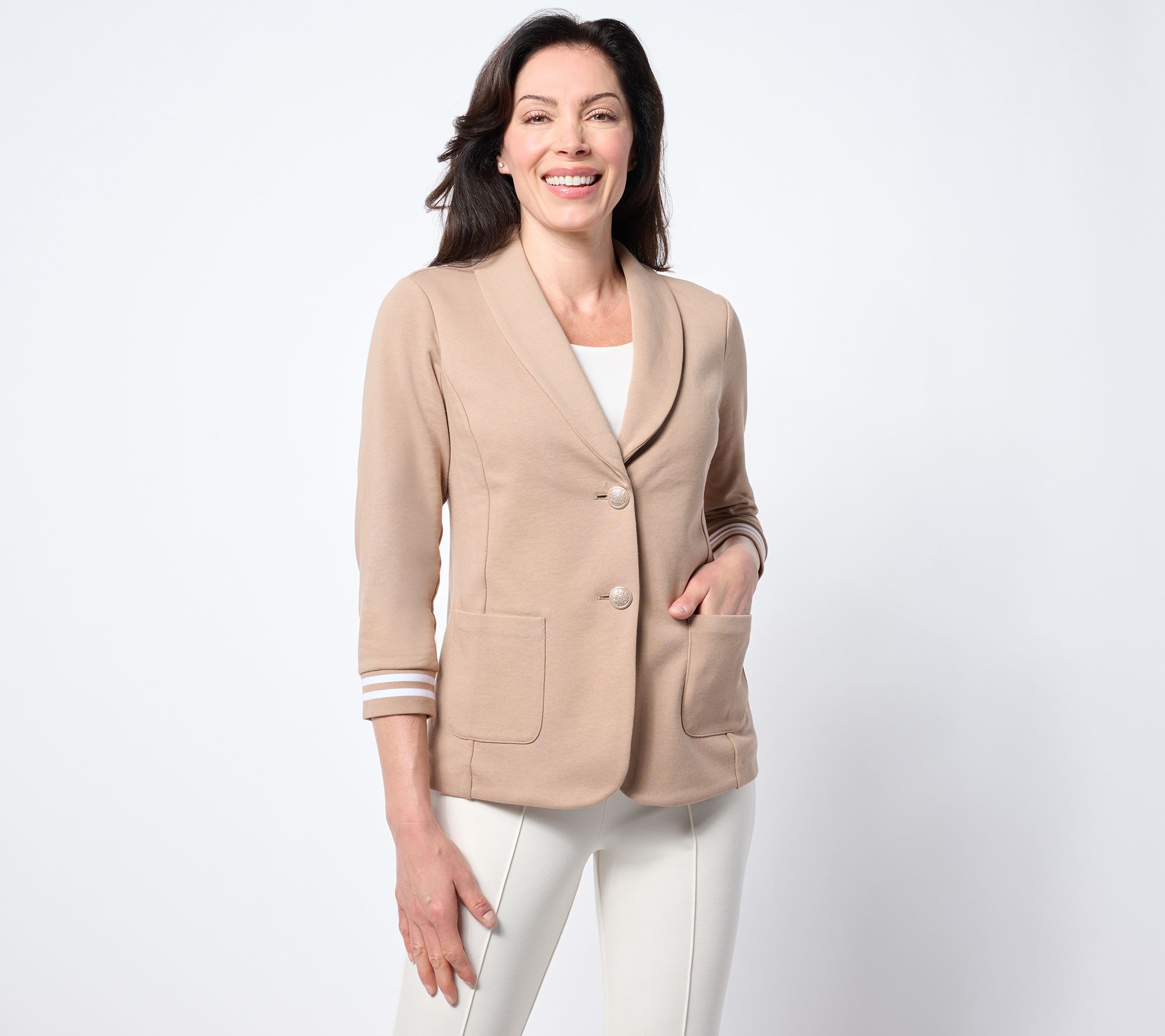 Susan Graver Weekend Marina Knit 3/4-Sleeve Blazer with Rib Knit Cuffs