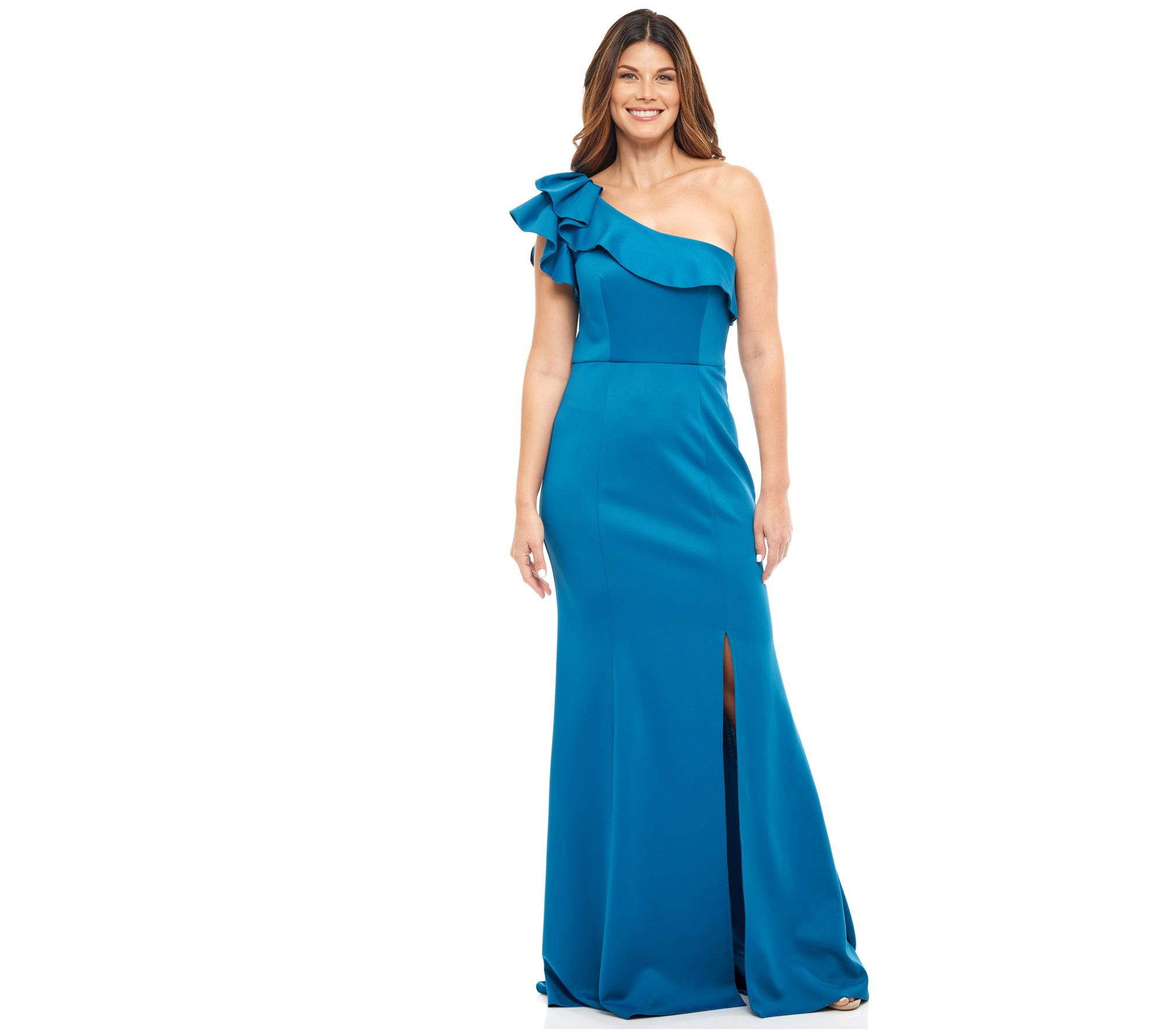 Rene Ruiz Collection One Shoulder Ruffle Gown