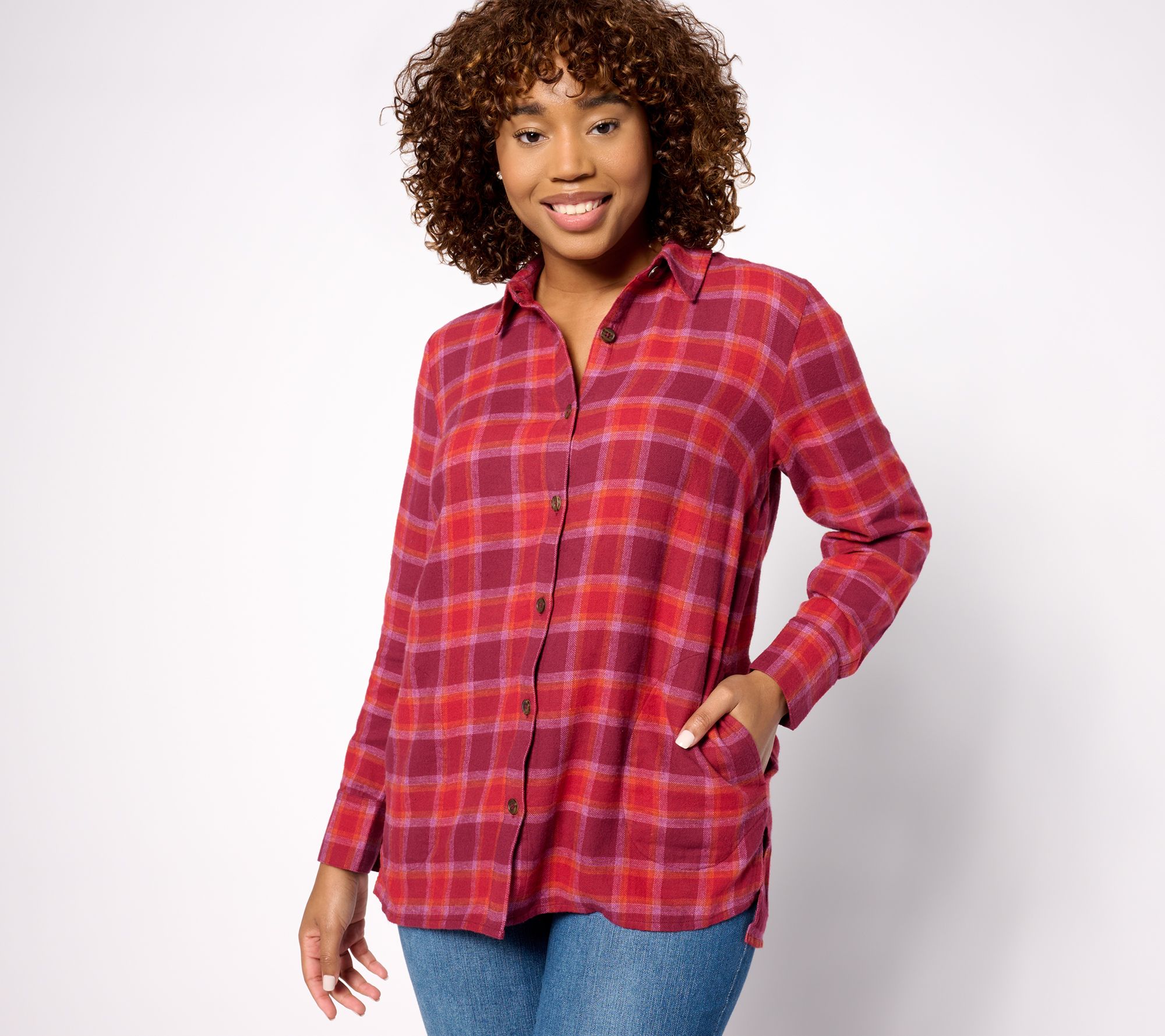 "As Is" Denim & Co. Regular Heritage Plaid Button Front Tunic