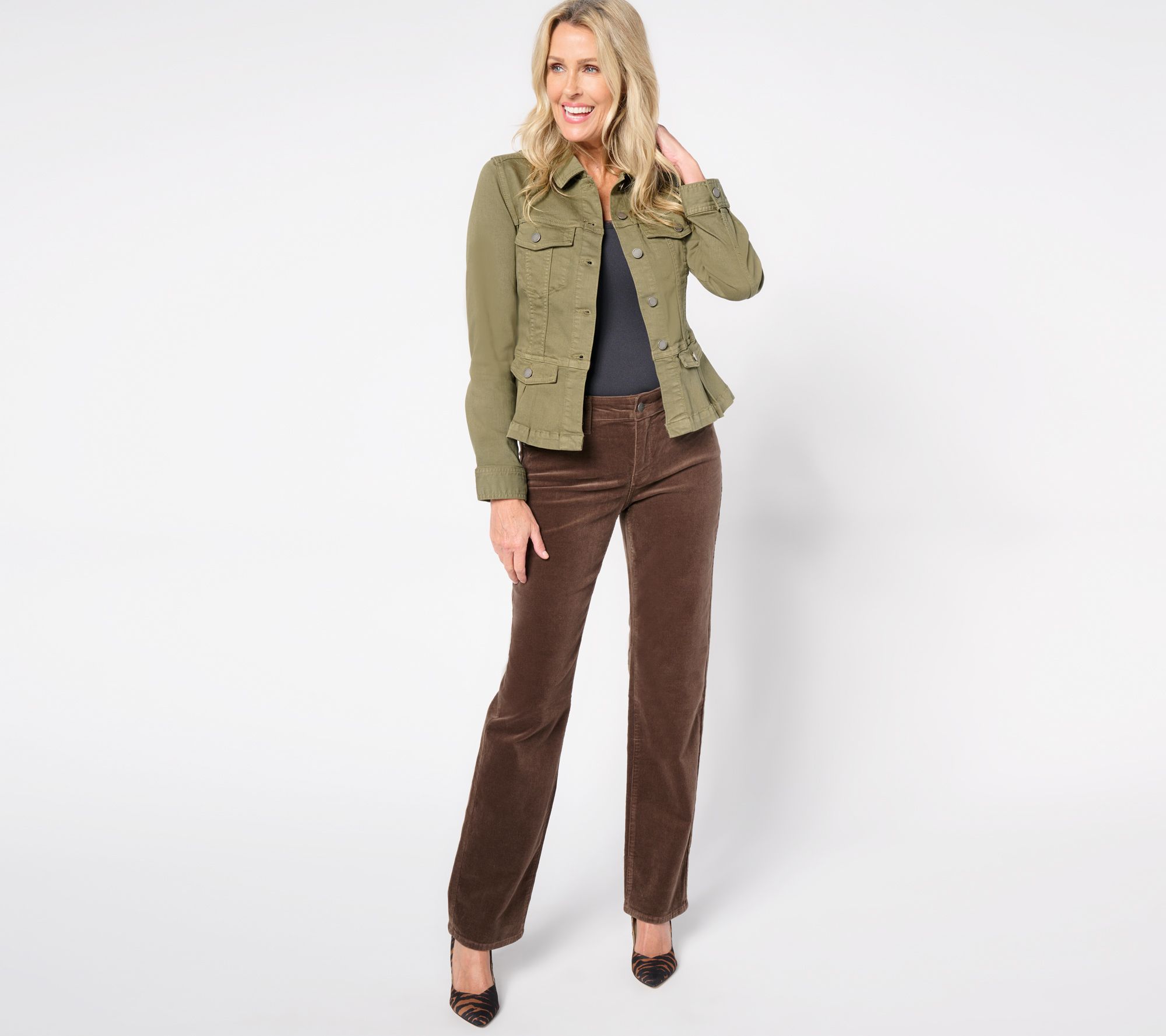 Liverpool Los Angeles Peplum Denim Jacket Olive Grove QVC