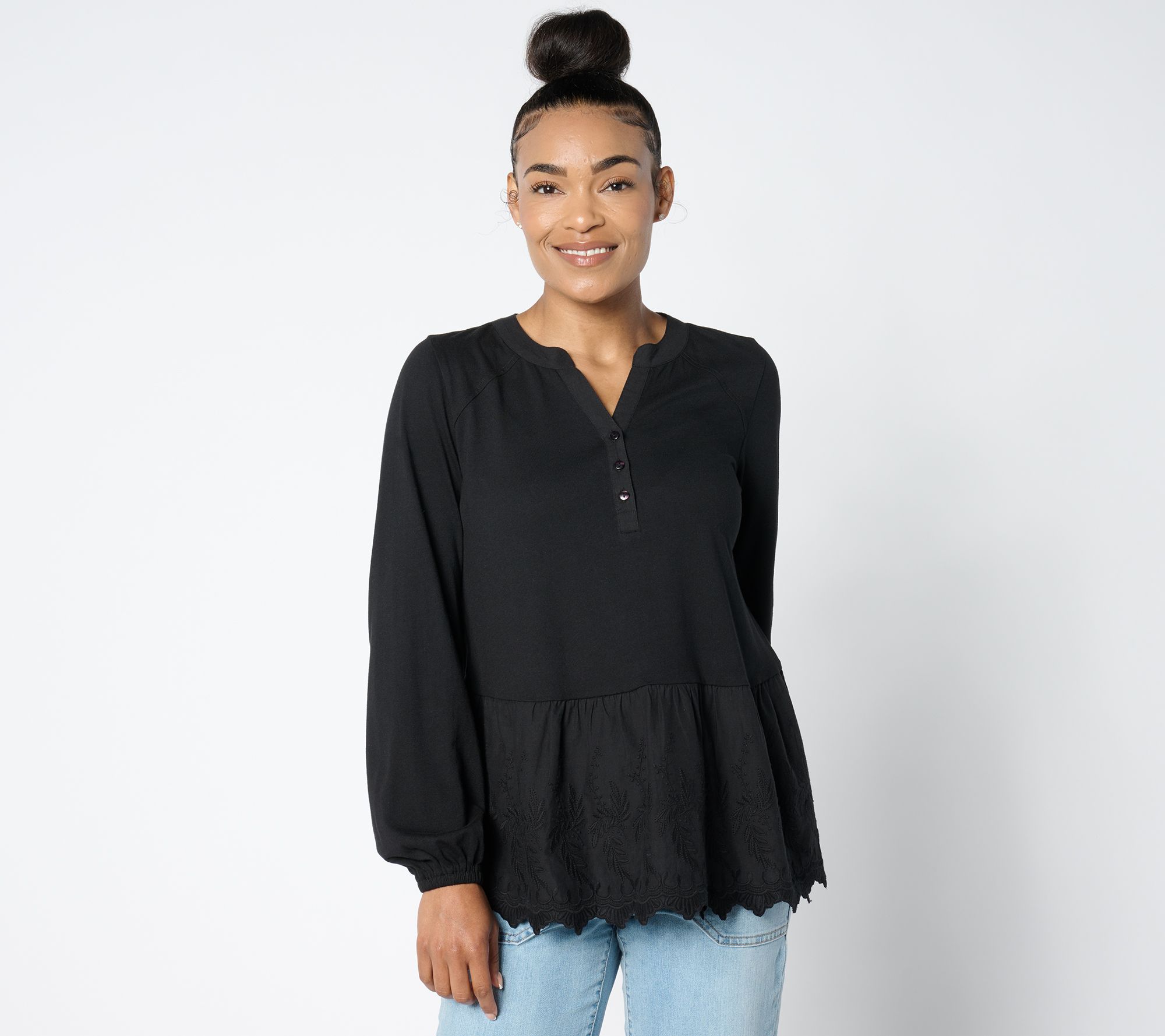 LOGO Lavish by Lori Goldstein Split Crewneck Eyelet Blouse