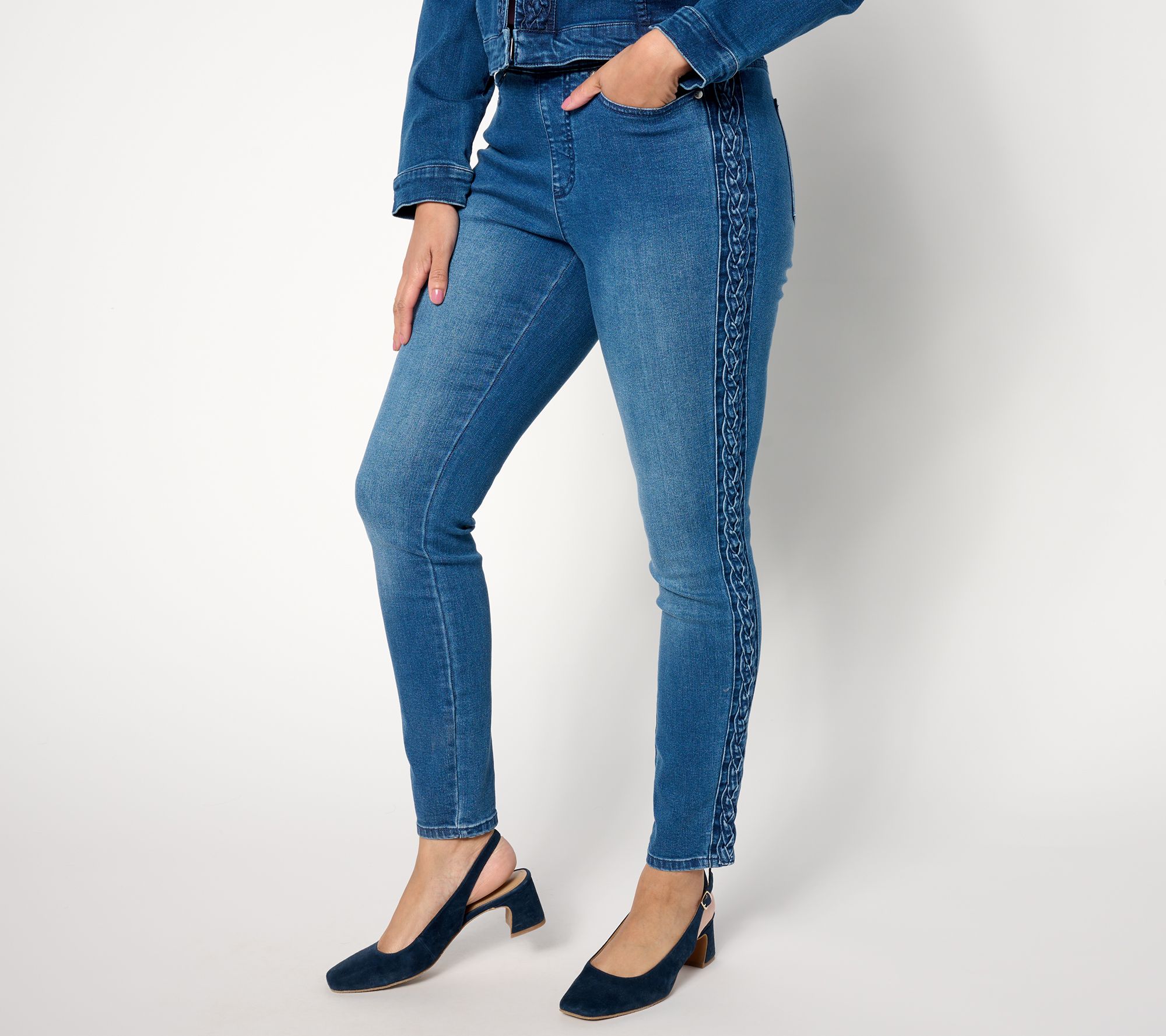 "As Is" Isaac Mizrahi Live! Regular True Denim Slim Leg Jeans w/ Braid