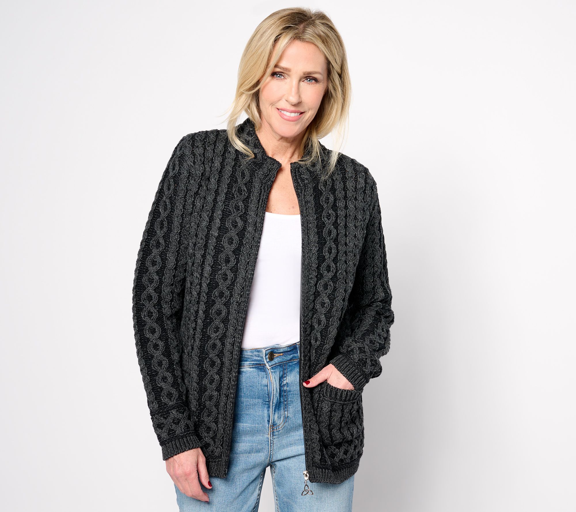 As Is Aran Craft Merino Wool Zip-Front Cardigan w/Pkts