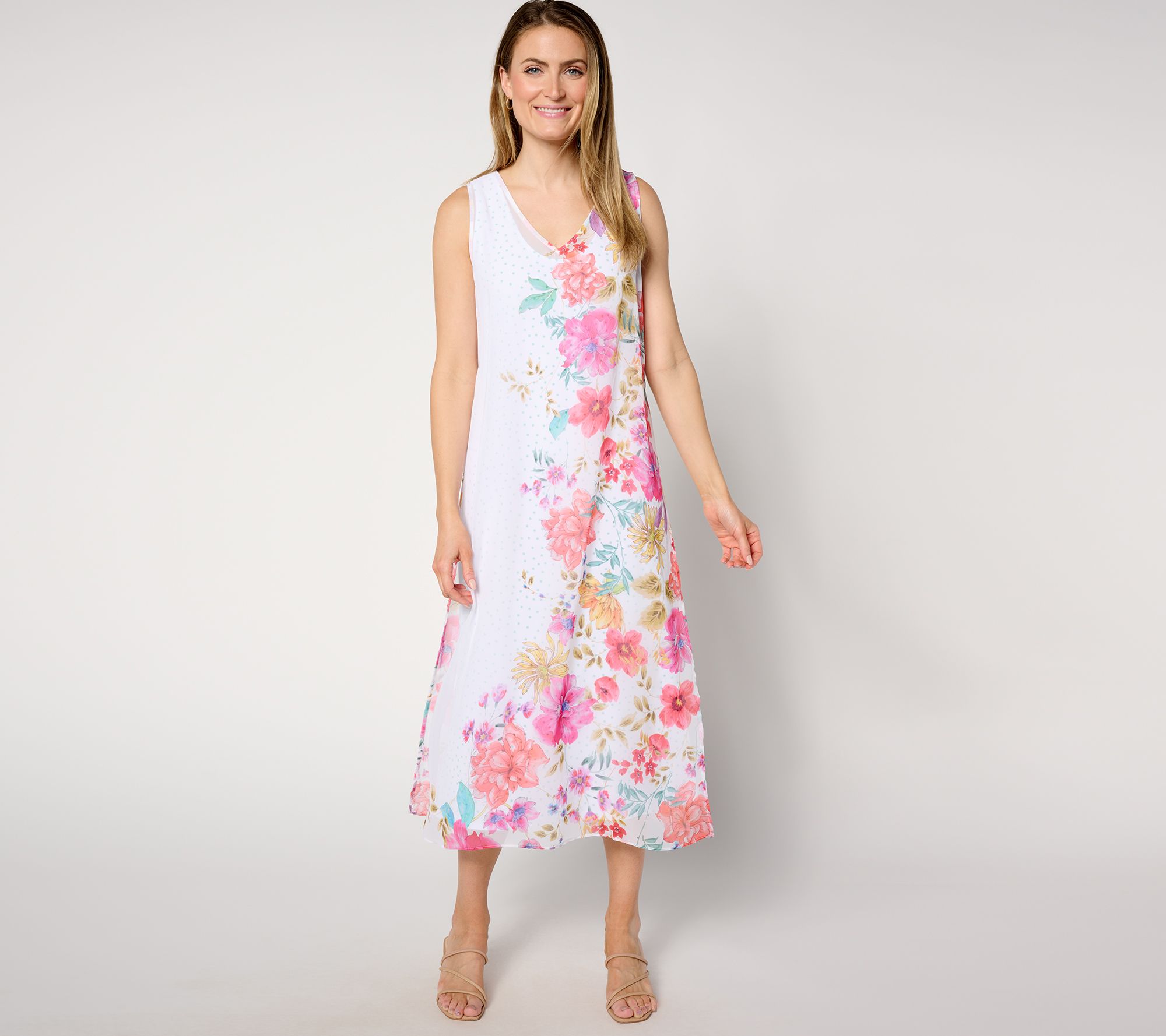 "As Is" Susan Graver Petite Printed Chiffon Overlay 2-Piece Midi Dress